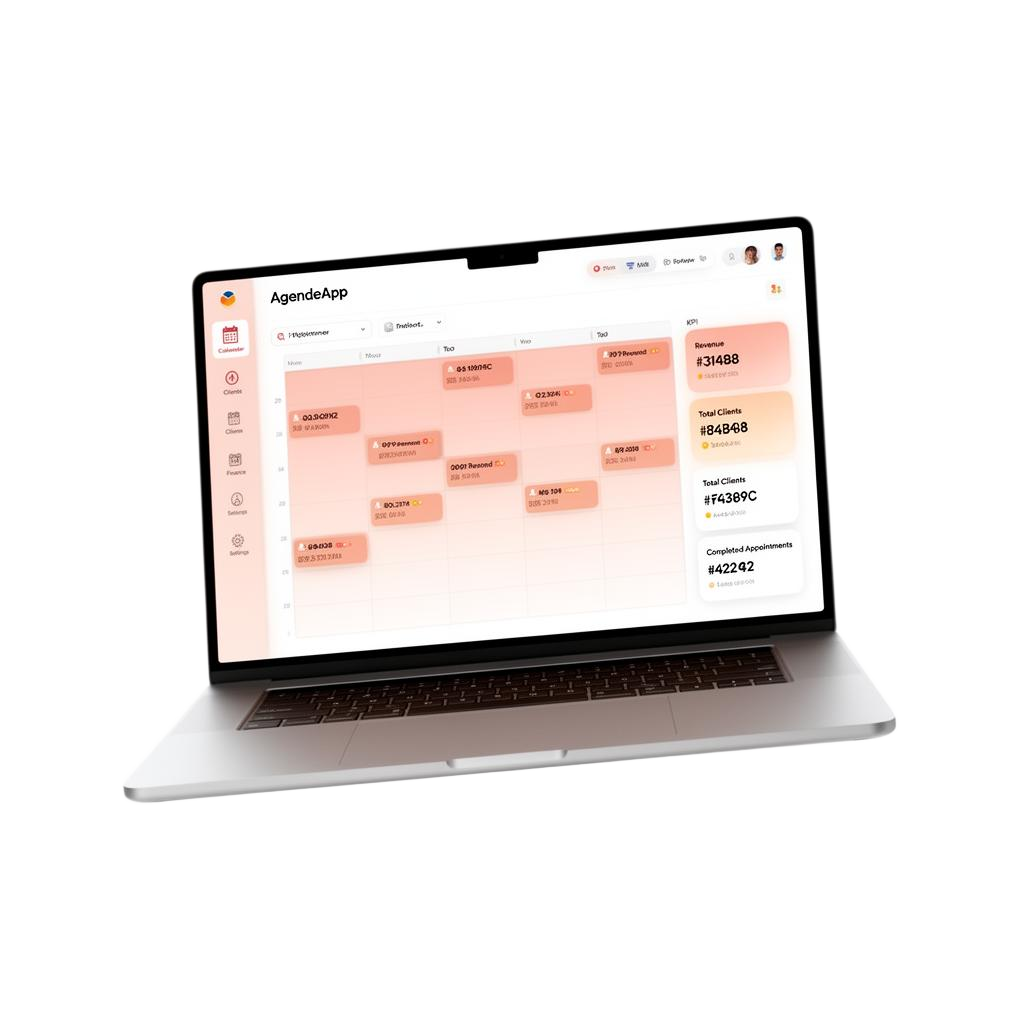 Dashboard do AgendeApp em um notebook mostrando a agenda semanal