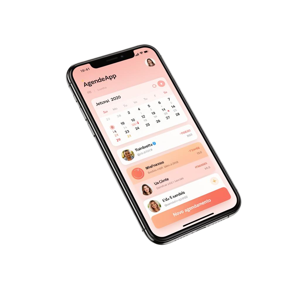 Aplicativo AgendeApp em um celular com calendário e próximos agendamentos